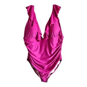 J. Crew Women 24 Swimsuit 1 Piece V-Neck Ruffled Ruched Radiant Fuchsia NEW NWT